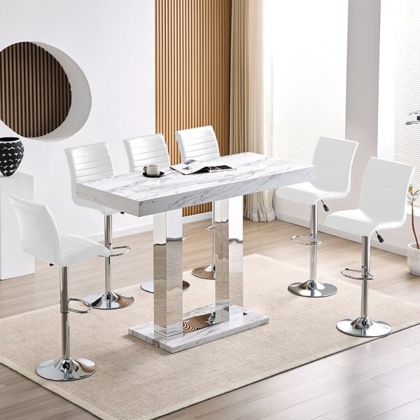 Caprice Large Filo Effect Gloss Bar Table 6 Ripple White Stools | Bed Sava