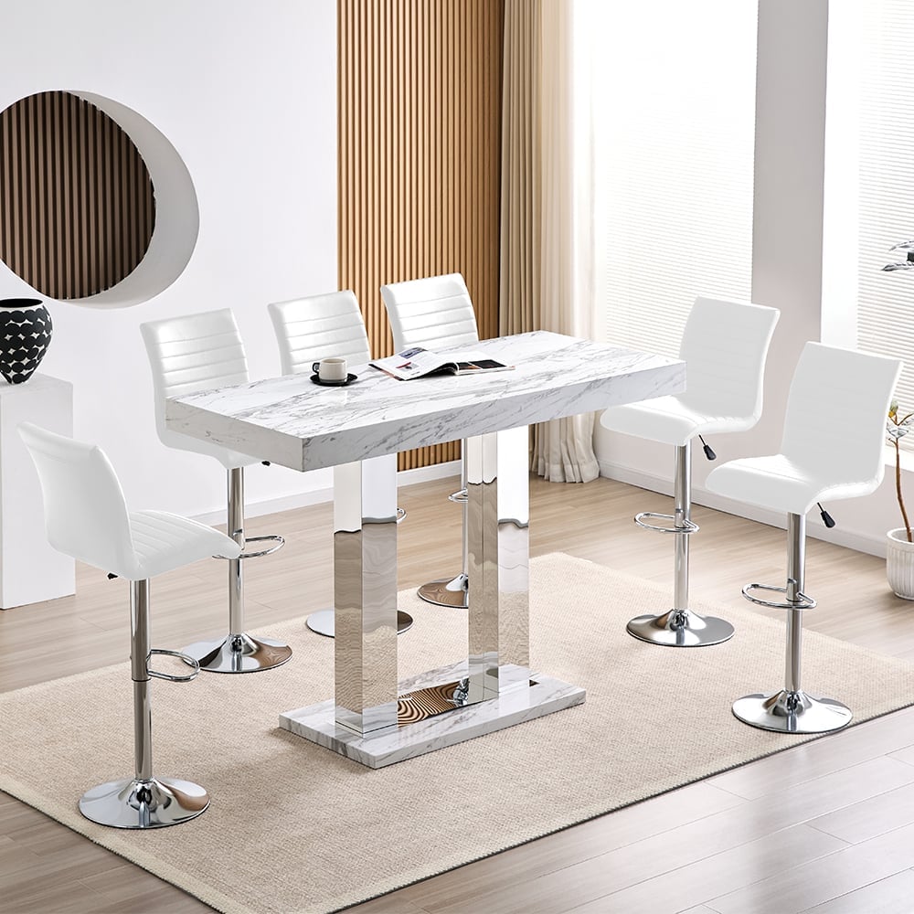 Caprice Large Filo Effect Gloss Bar Table 6 Ripple White Stools | Bed Sava