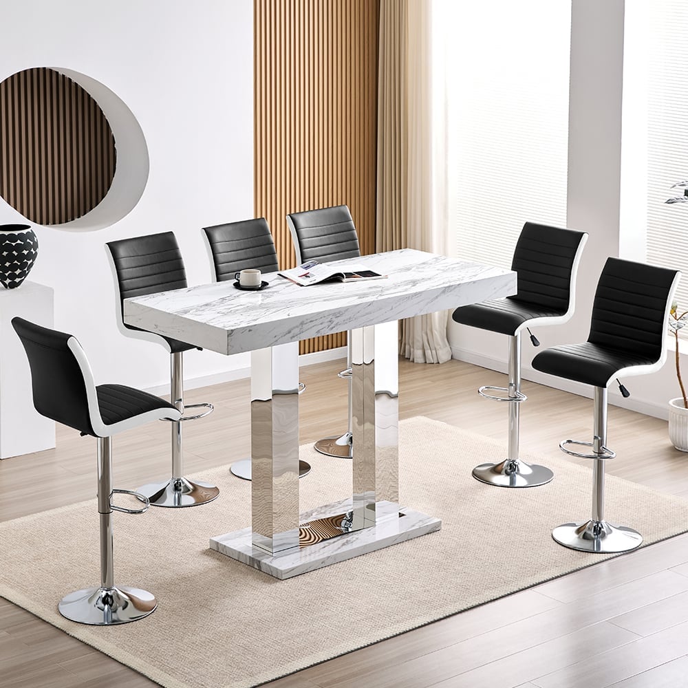 Caprice Large Filo Effect Gloss Bar Table 6 Ritz Black White Stools | Bed Sava