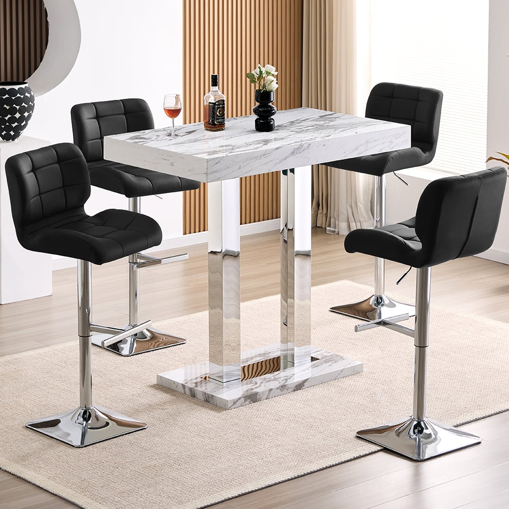 Caprice Small Filo Effect Gloss Bar Table 4 Candid Black Stools | Bed Sava