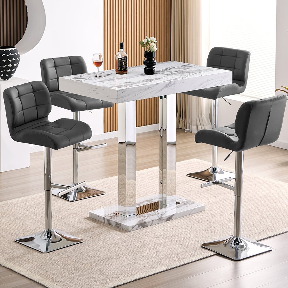 Caprice Small Filo Effect Gloss Bar Table 4 Candid Grey Stools | Bed Sava