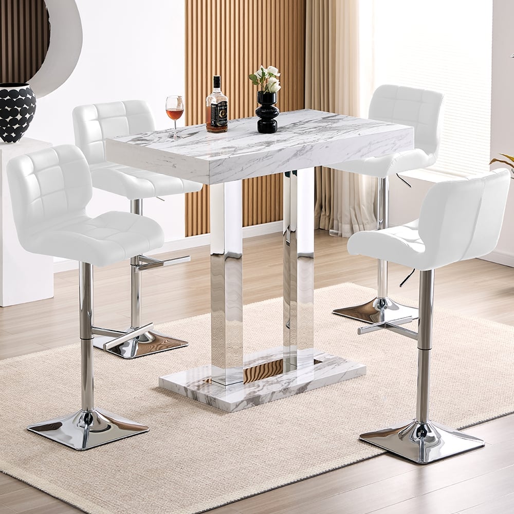 Caprice Small Filo Effect Gloss Bar Table 4 Candid White Stools | Bed Sava