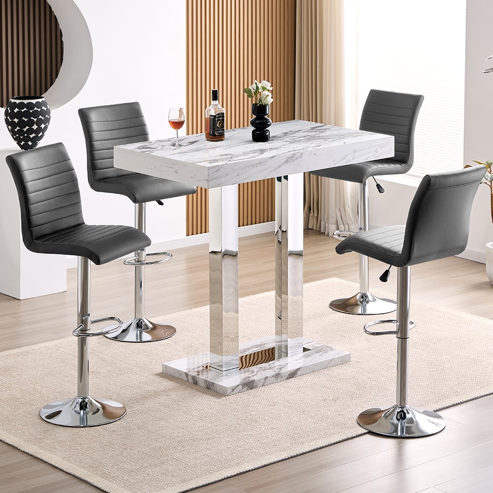 Caprice Small Filo Effect Gloss Bar Table 4 Ripple Grey Stools | Bed Sava