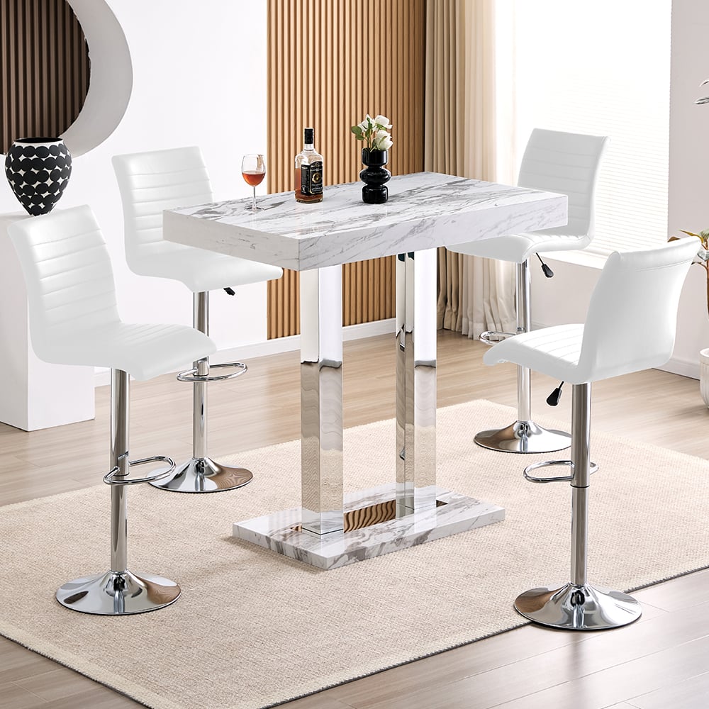 Caprice Small Filo Effect Gloss Bar Table 4 Ripple White Stools | Bed Sava