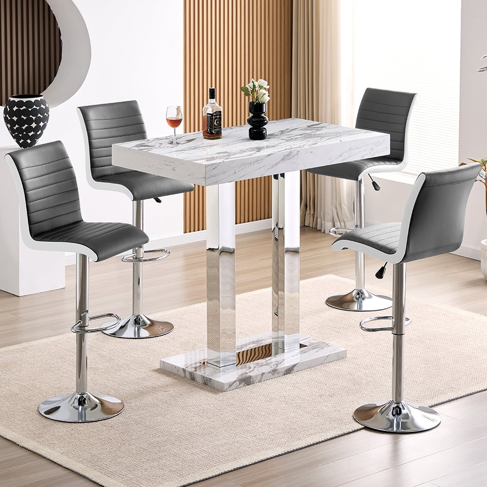 Caprice Small Filo Effect Gloss Bar Table 4 Ritz Grey White Stools | Bed Sava