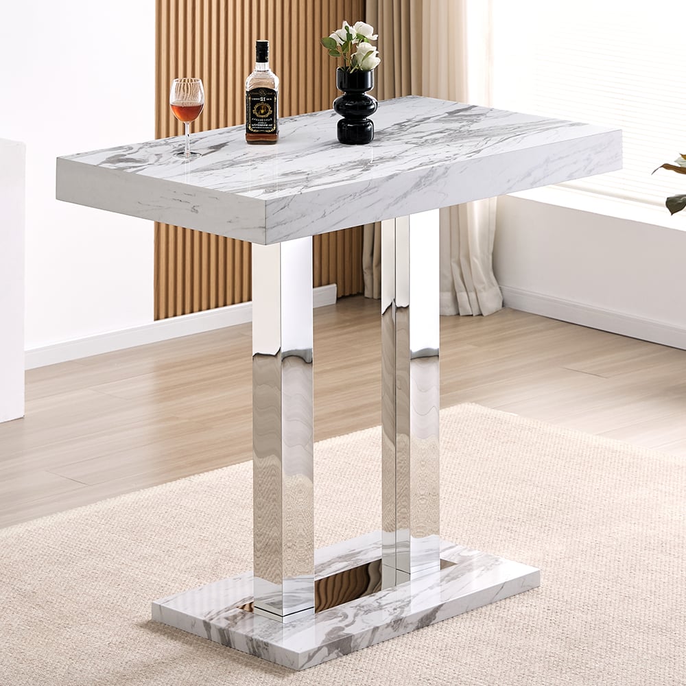 Caprice Small High Gloss Bar Table In Filo Marble Effect | Bed Sava