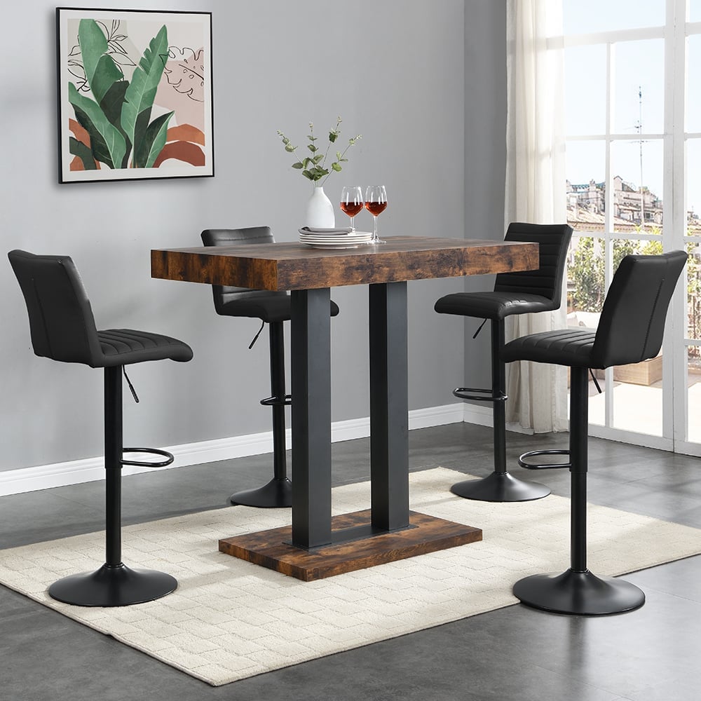 Caprice Small Rustic Oak Bar Table Black Base 4 Ripple Black Stools | Bed Sava
