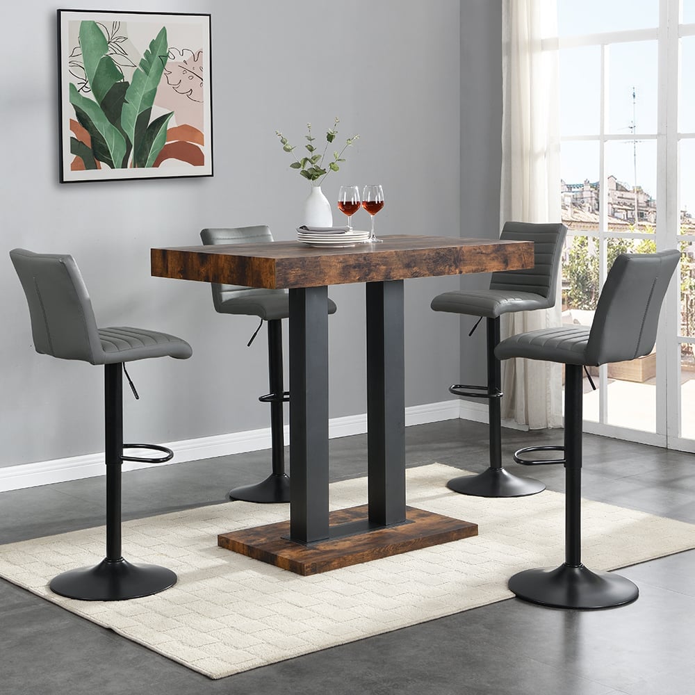 Caprice Small Rustic Oak Bar Table Black Base 4 Ripple Grey Stools | Bed Sava