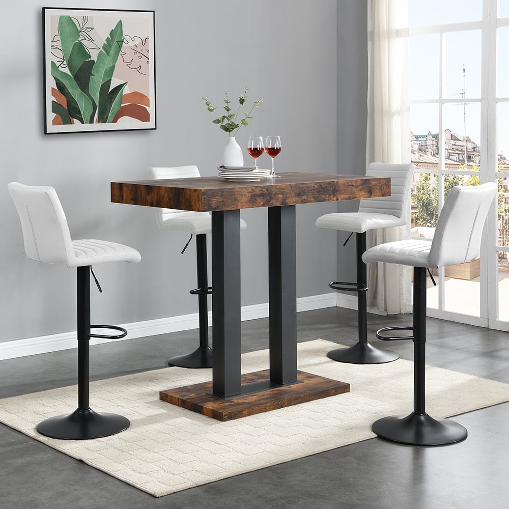 Caprice Small Rustic Oak Bar Table Black Base 4 Ripple White Stools | Bed Sava