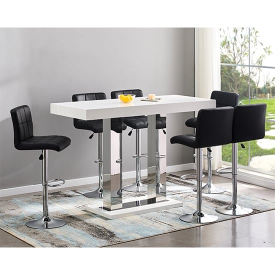 Caprice Large White Gloss Bar Table 6 Coco Black Stools | Bed Sava