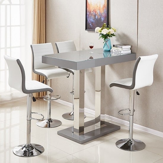 Caprice Grey High Gloss Bar Table 4 Ritz White Grey Stools | Bed Sava