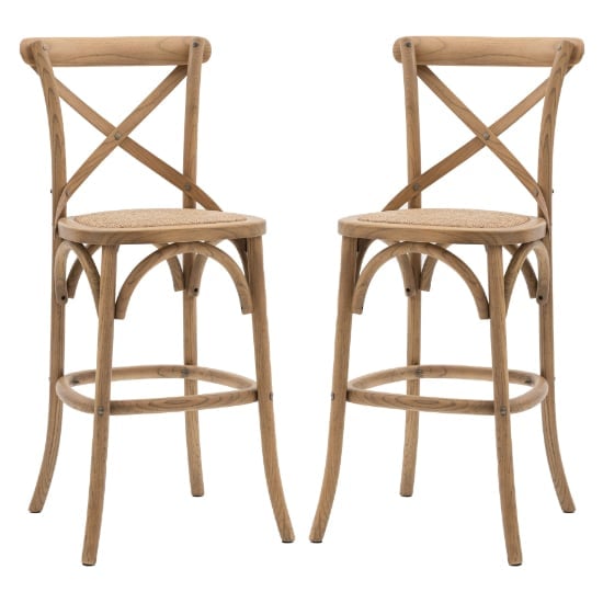 Caria Natural Wooden Bar Stools With Rattan Seat In Pair