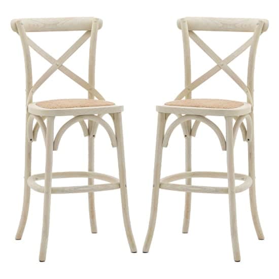 Caria White Wooden Bar Stools With Rattan Seat In Pair