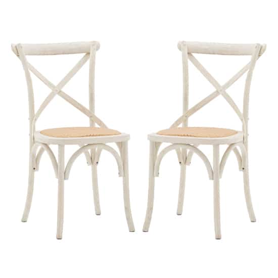 Caria White Wooden Dining Chairs With Rattan Seat In Pair
