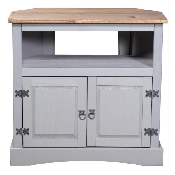 Carlen Wooden Corner TV Stand With 2 Doors In Grey Oak | Bed Sava