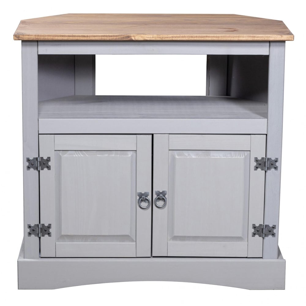 Carlen Wooden Corner TV Stand With 2 Doors In Grey Oak | Bed Sava