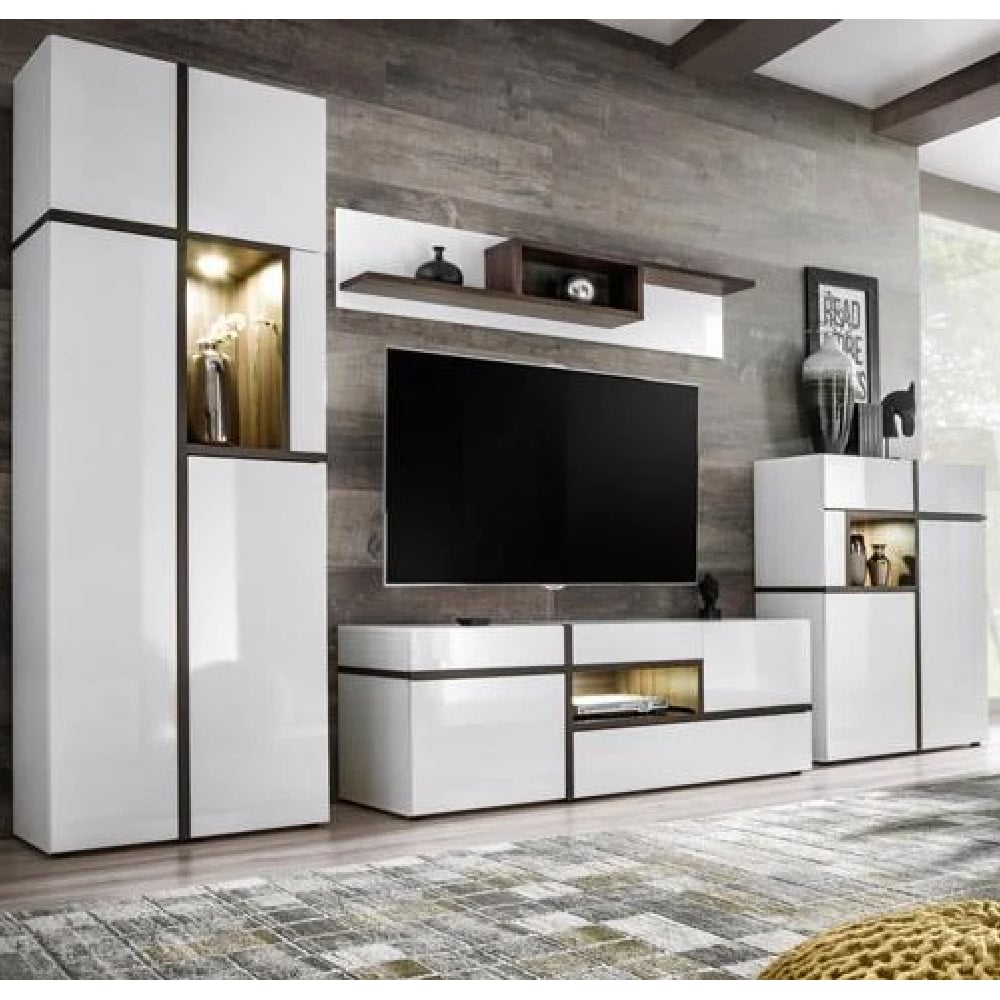 Carlisle High Gloss Living Room Furniture Set In White With LED