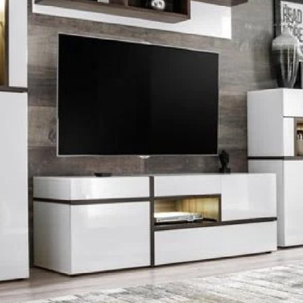 Carlisle High Gloss TV Stand In White And Elm With LED | Bed Sava