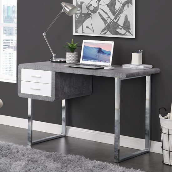 Carlo Wooden Computer Desk In Concrete Effect With Chrome Legs | Bed Sava