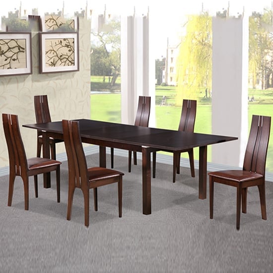 Carme Wooden Dining Set With 6 Beech Chairs In Dark Walnut | Bed Sava