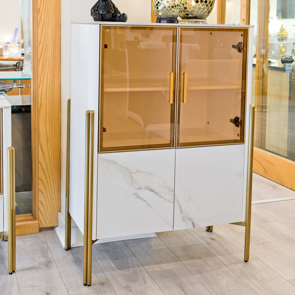 Carmel Marble Top Storage Cabinet 4 Doors In White And Gold | Bed Sava