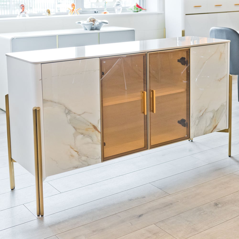 Carmel Wide Marble Top Storage Cabinet 4 Doors In White And Gold | Bed Sava