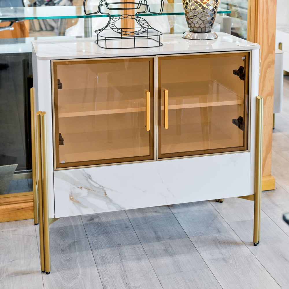 Carmel Marble Top Sideboard 2 Doors 1 Drawer In White And Gold | Bed Sava