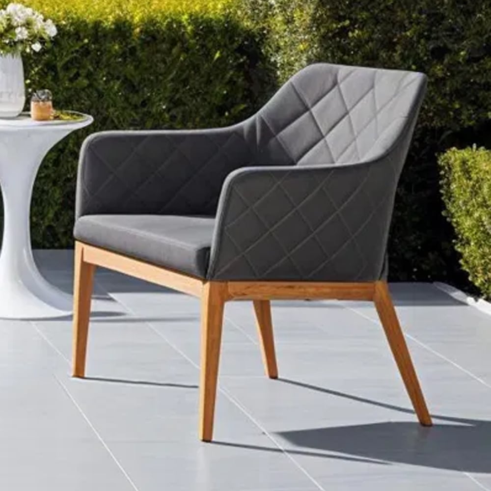 Carney Fabric Outdoor Dining Armchair In Slate And Teak | Bed Sava