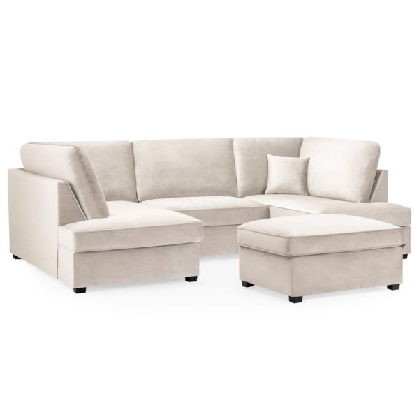 Caronia Plush Velvet U Shaped Corner Sofa In Beige | Bed Sava