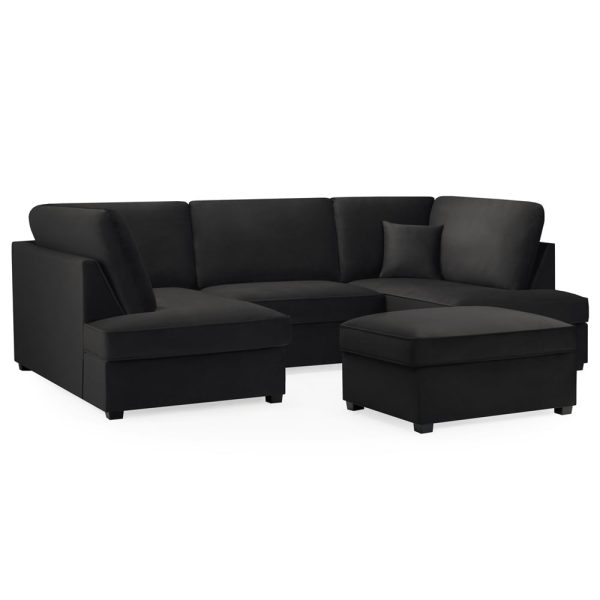 Caronia Plush Velvet U Shaped Corner Sofa In Black | Bed Sava