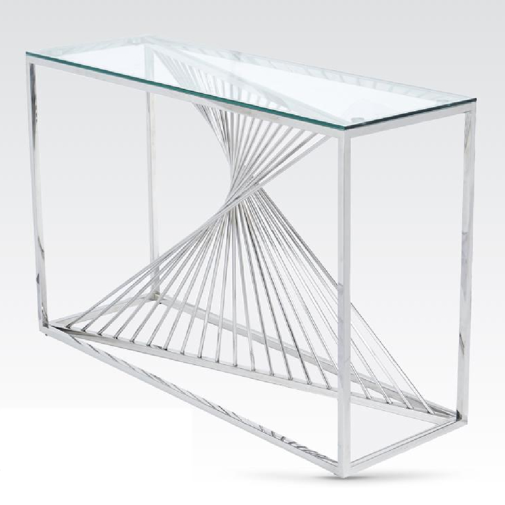Carpi Clear Glass Console Table With Chrome Frame | Bed Sava