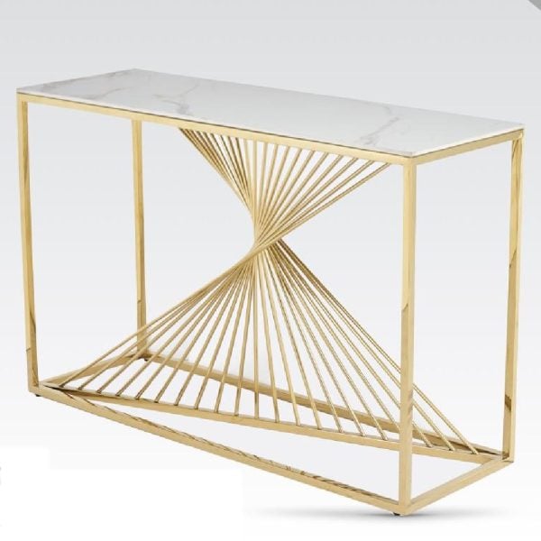 Carpi Sintered Stone Console Table With Gold Frame In White | Bed Sava