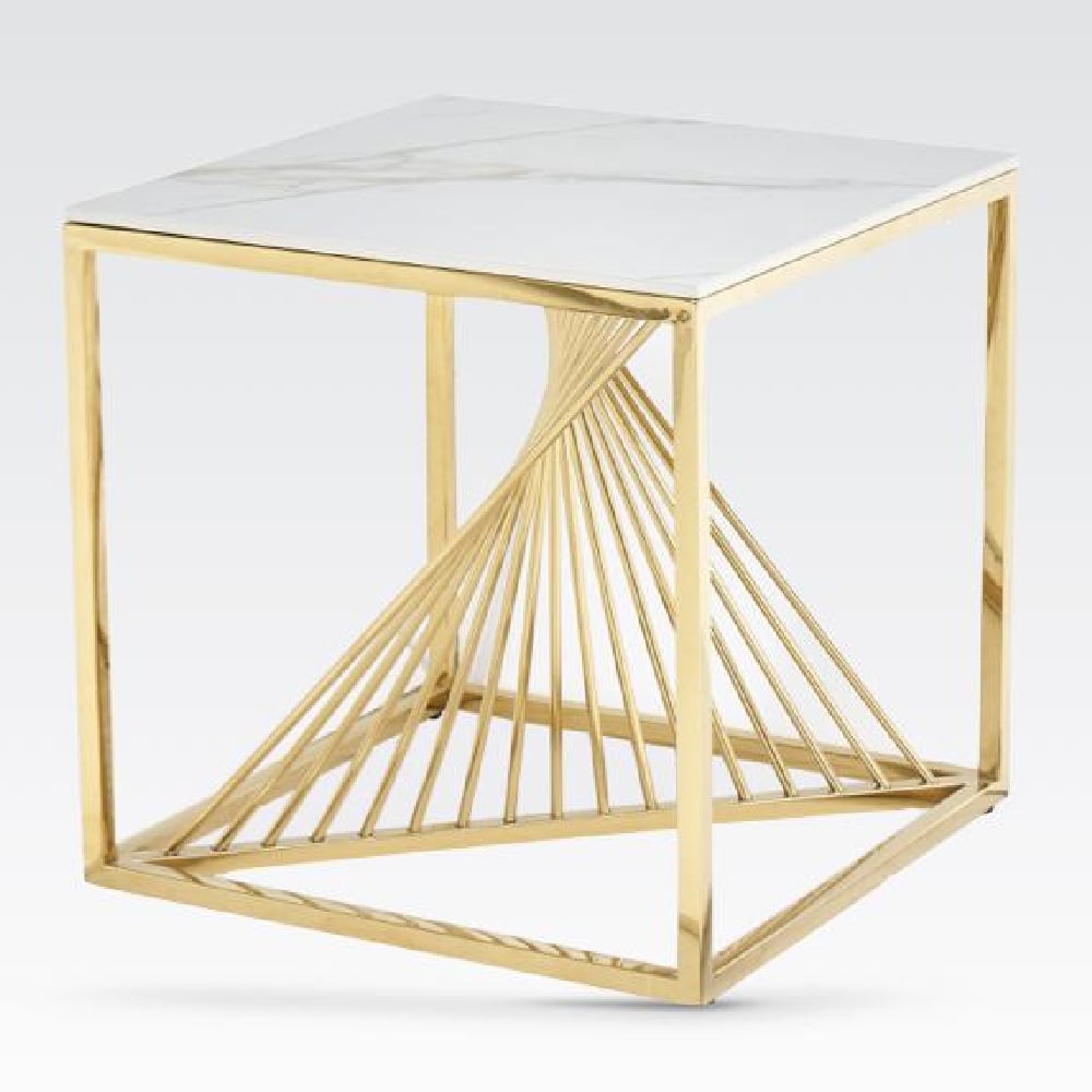 Carpi Sintered Stone End Table With Gold Frame In White