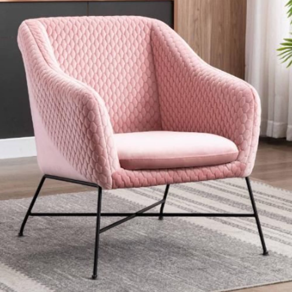 Carteret Fabric Accent Chair With Black Metal Legs In Powder Pink | Bed Sava