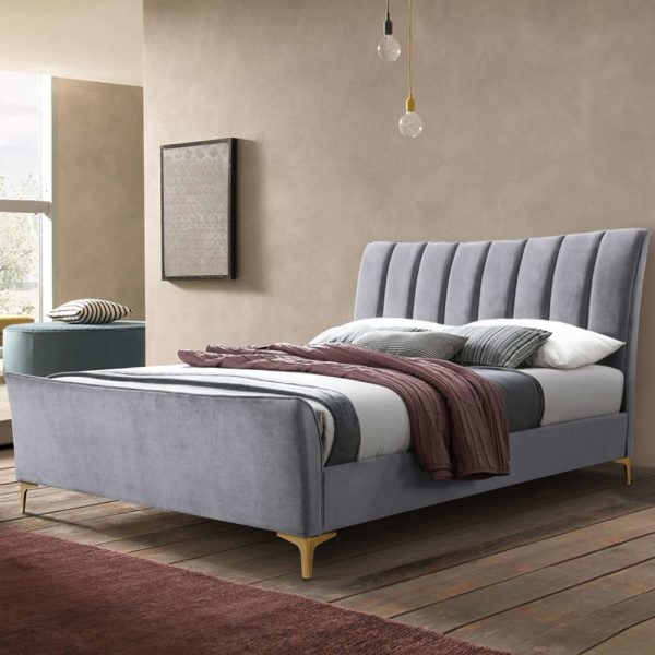 Carteret Fabric Double Bed In Grey Velvet | Bed Sava