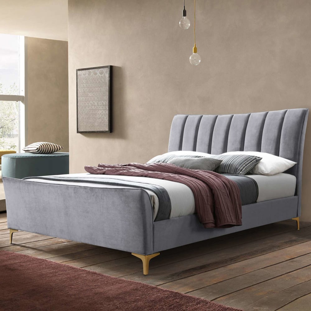 Carteret Fabric Double Bed In Grey Velvet | Bed Sava