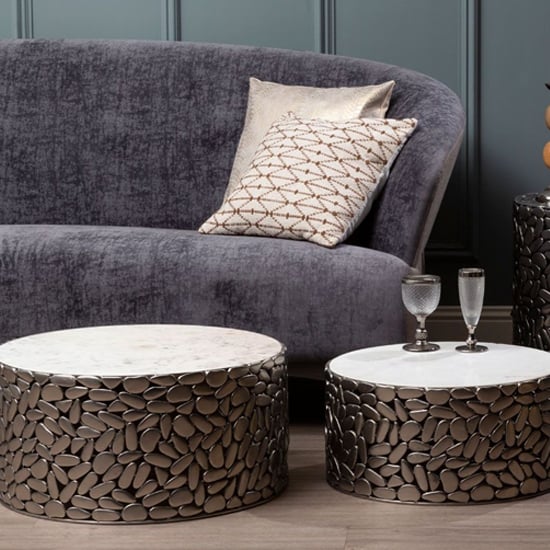 Casa Marble Set Of 2 Side Tables With Antique Pewter Frame | Bed Sava
