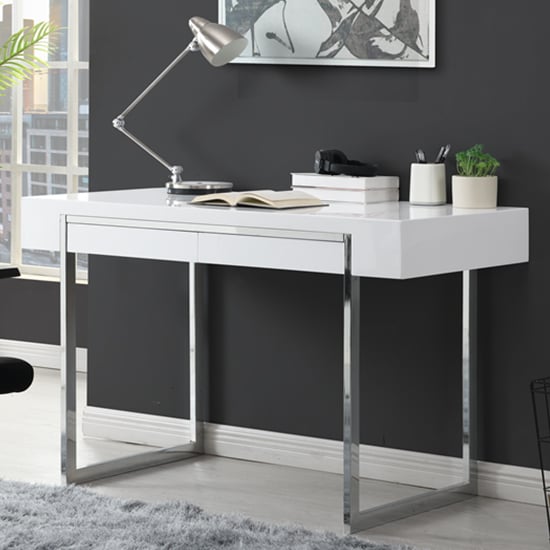 Casa High Gloss Computer Desk With 2 Drawers In White | Bed Sava
