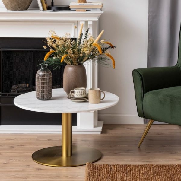 Casey White Marble Coffee Table Round With Gold Metal Base | Bed Sava