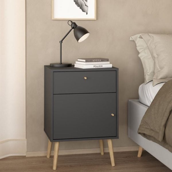 Casey Wooden Bedside Cabinet With 1 Door 1 Drawer In Dark Grey | Bed Sava