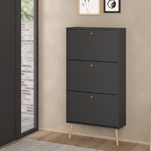 Casey Wooden Shoe Cabinet With 3 Flip Doors In Dark Grey | Bed Sava