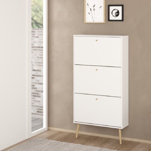 Casey Wooden Shoe Cabinet With 3 Flip Doors In White | Bed Sava