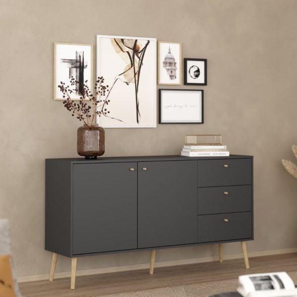 Casey Wooden Sideboard With 2 Doors 3 Drawers In Dark Grey | Bed Sava