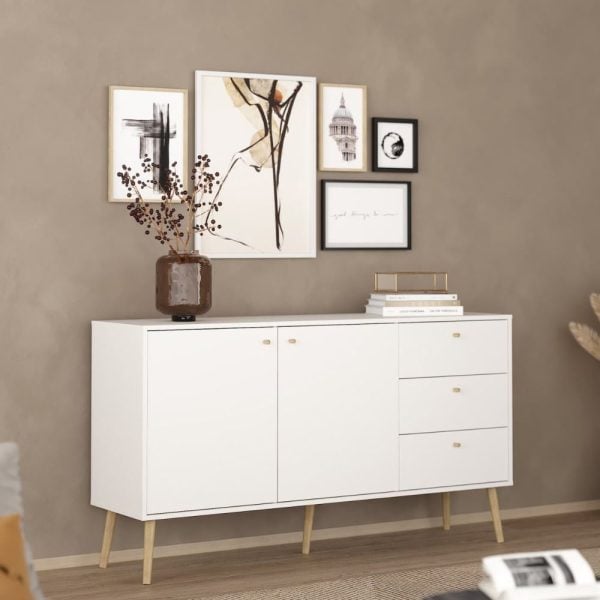 Casey Wooden Sideboard With 2 Doors 3 Drawers In White | Bed Sava