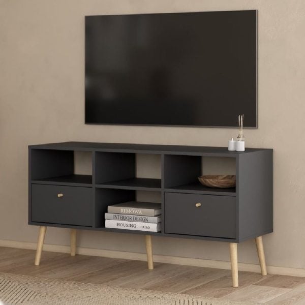 Casey Wooden TV Stand With 2 Drawers In Dark Grey | Bed Sava