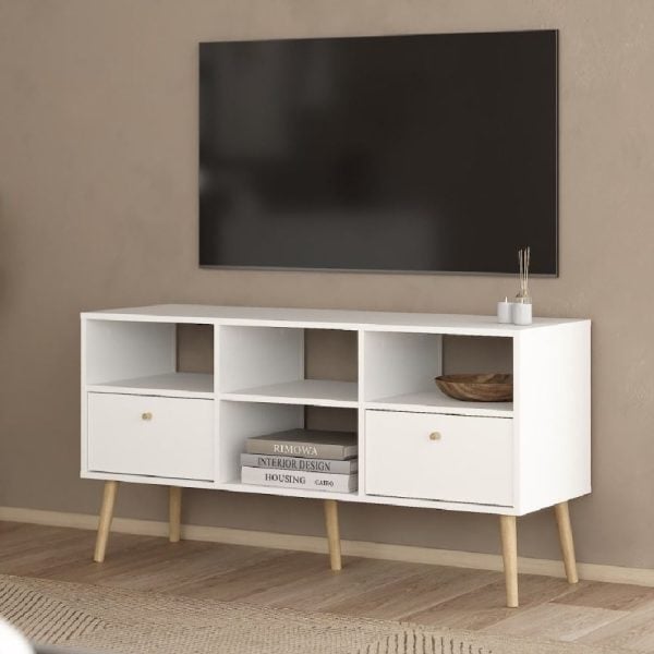 Casey Wooden TV Stand With 2 Drawers In White | Bed Sava
