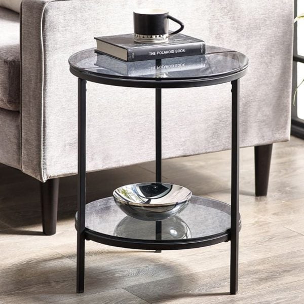 Casper Smoked Glass Lamp Table Round With Black Frame | Bed Sava