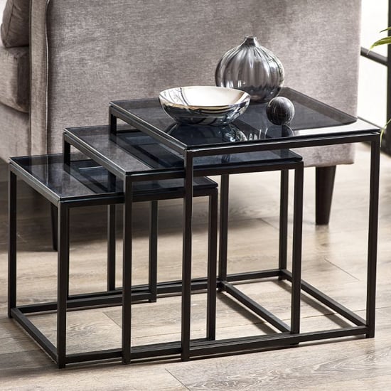Casper Smoked Glass Nest Of 3 Tables With Black Metal Frame | Bed Sava