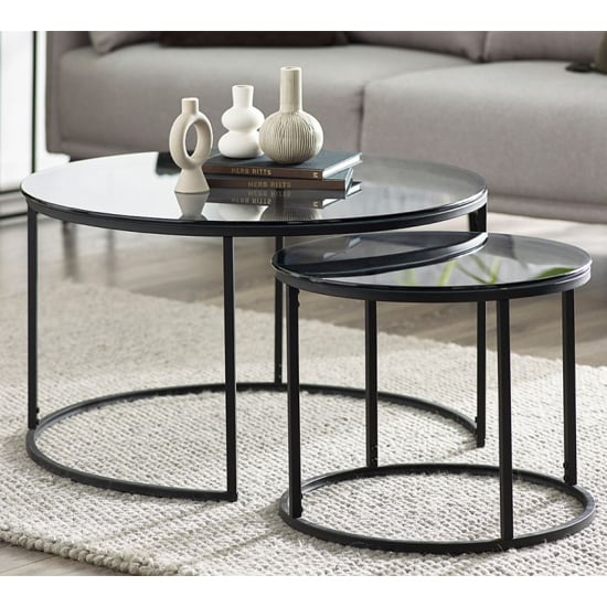 Casper Smoked Glass Nesting Coffee Tables With Black Frame | Bed Sava