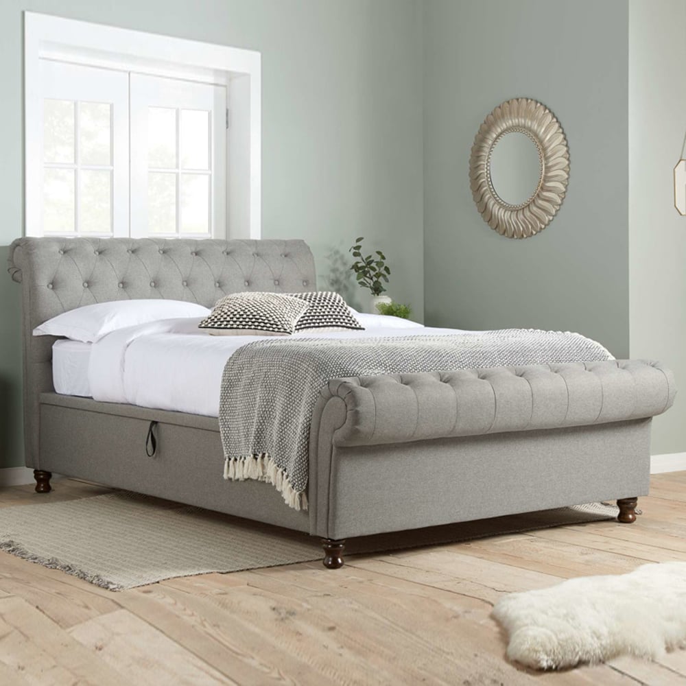 Castella Fabric Ottoman Storage King Size Bed In Grey | Bed Sava